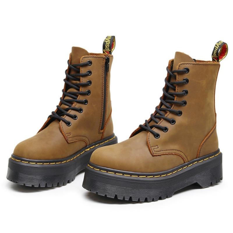First layer thick bottom hole locomotive boots women, side zipper Crazy Horse brown short boots leather loose
