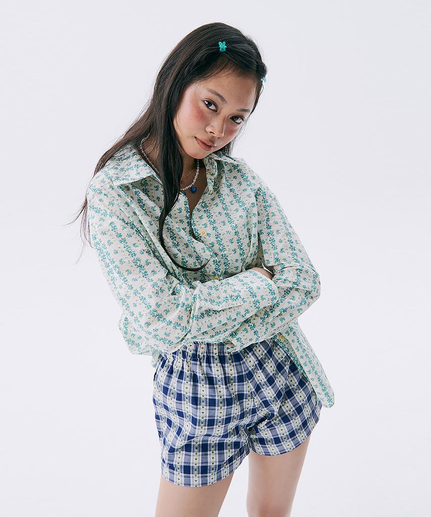 JUNEJUNE SPACE Floral Check Banding Shorts_Navy