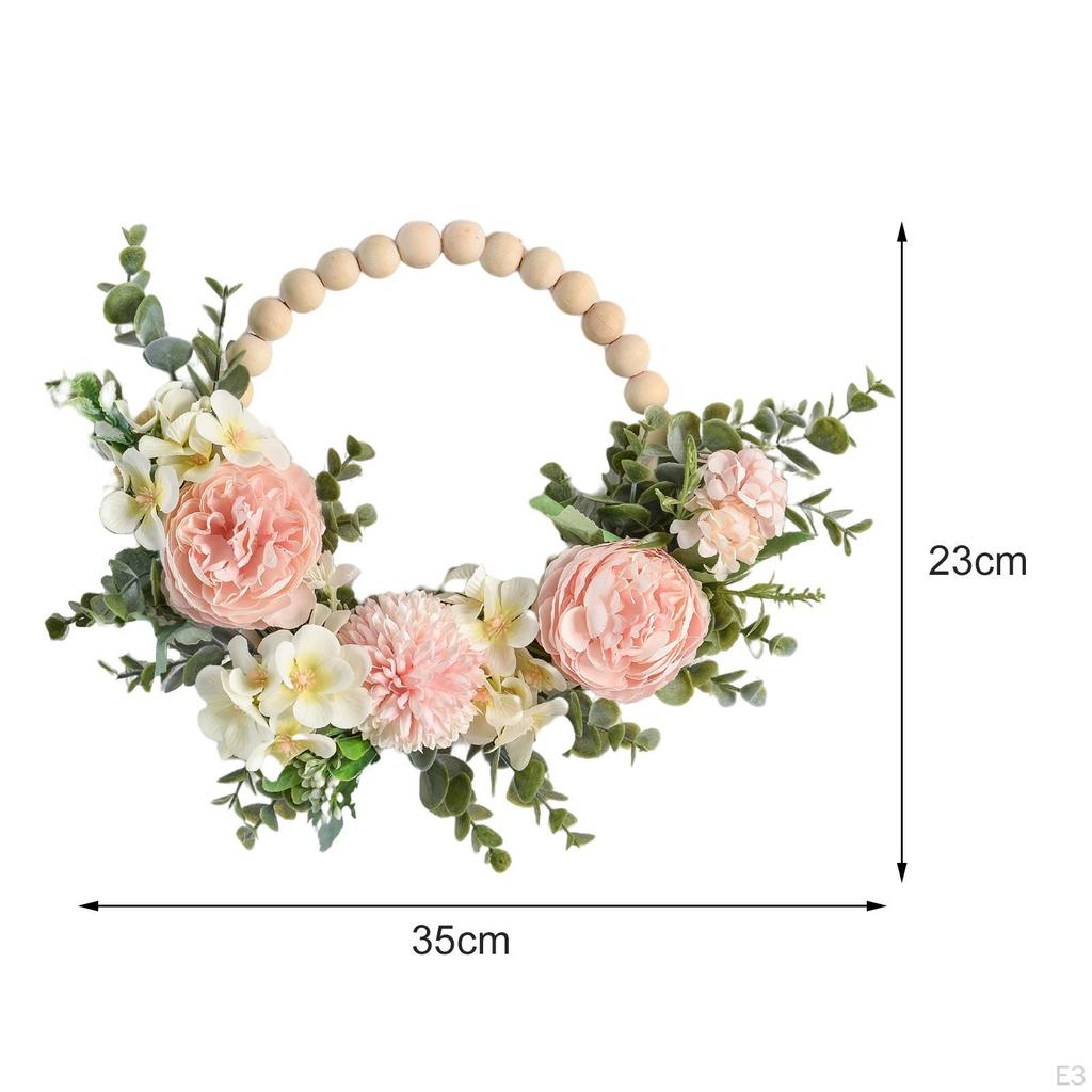 Peony Wreath Faux Floral Round Wooden Bead Spring for Door Bedroom