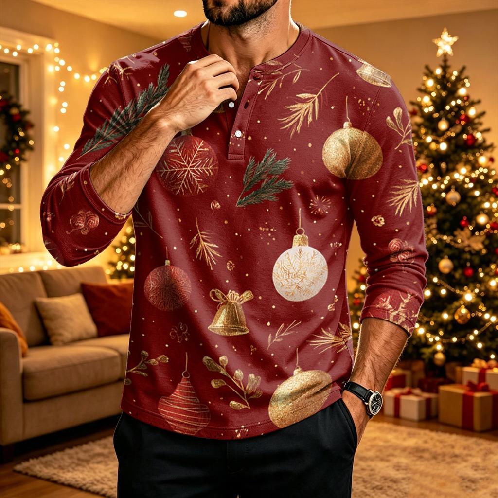 Men's Long Sleeve Shirt with Christmas Print for Holiday Casual Wear