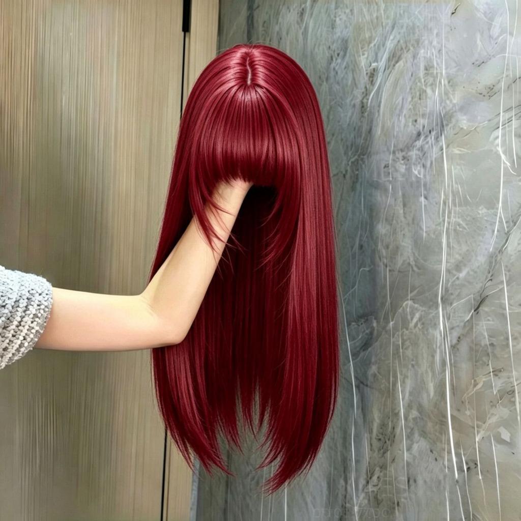 Fashion Wine-red Straight Wig Elegant Full Head Cover Wig for Summer Girls. Suitable for Daily Wear or Anime Cosplay