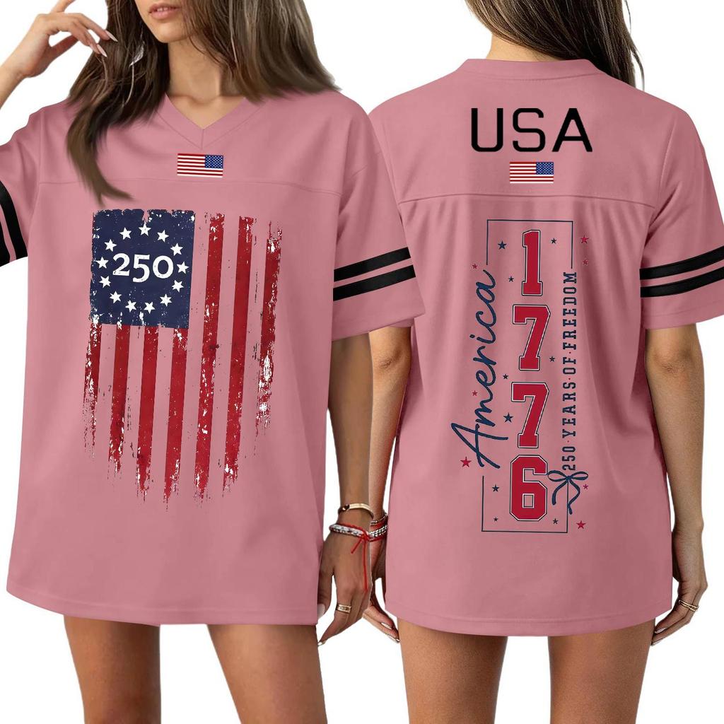 Women's Casual Fashion V-Neck Sports Independence Day Print Short Sleeve Sports T-Shirt Top