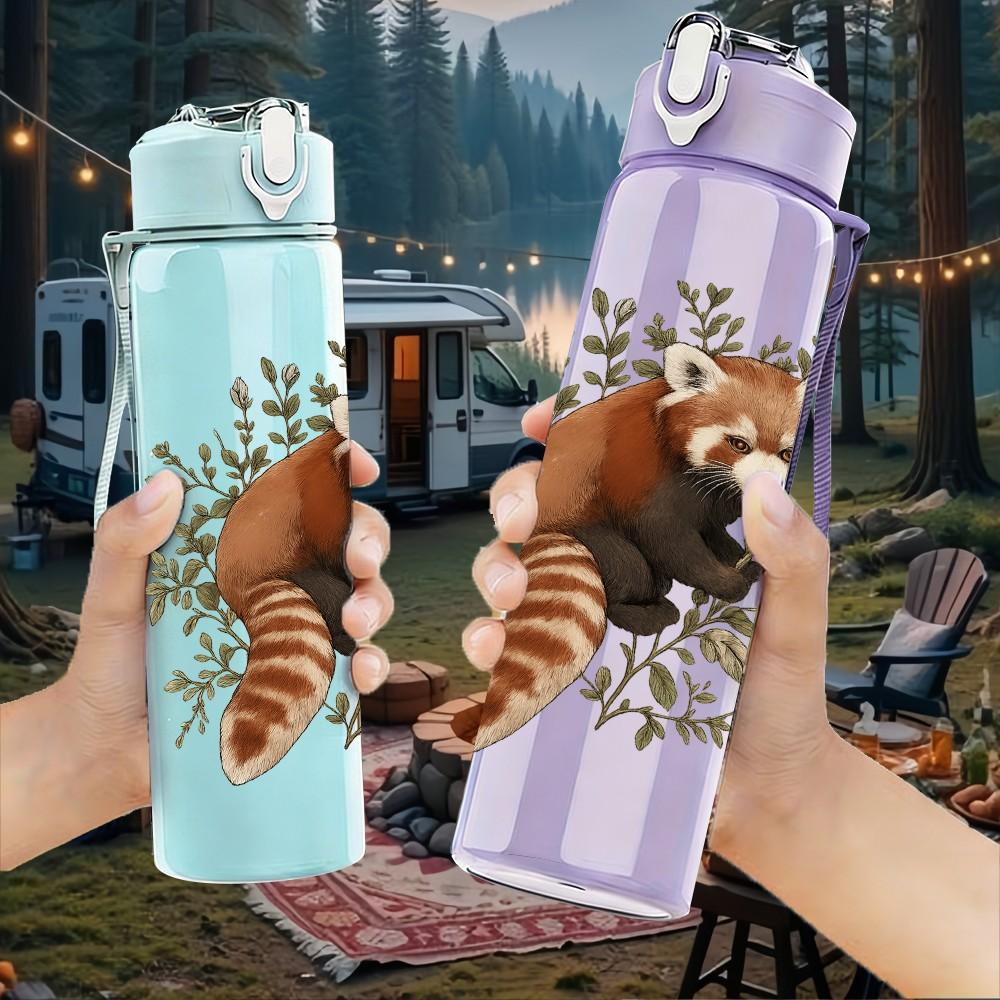 1PC Forest Red Panda Pattern 750ml Color Plastic Sports Water Bottle Leakproof Flip Straw Lid Suitable for Sports Office Home Use