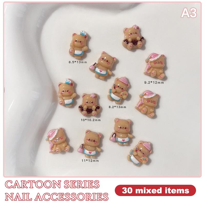 30Pcs Cartoon Bunny Nail Art Charm 3D Candy Color Resin Cartoon Little Brown Bear Nail Decoration Kawaii Nail Accessories