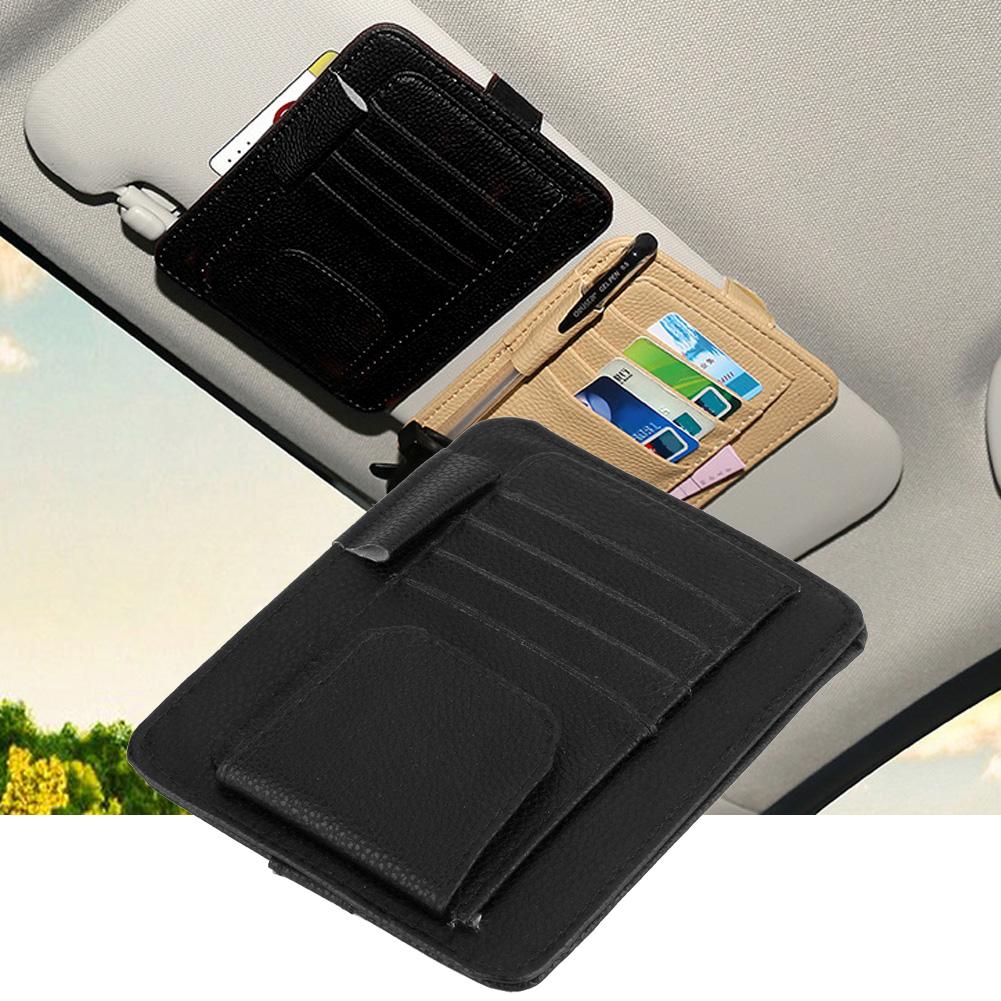Car Sun Visor Card Bill Holder Organizer PU Leather Storage Bag Glasses Clip(Black)