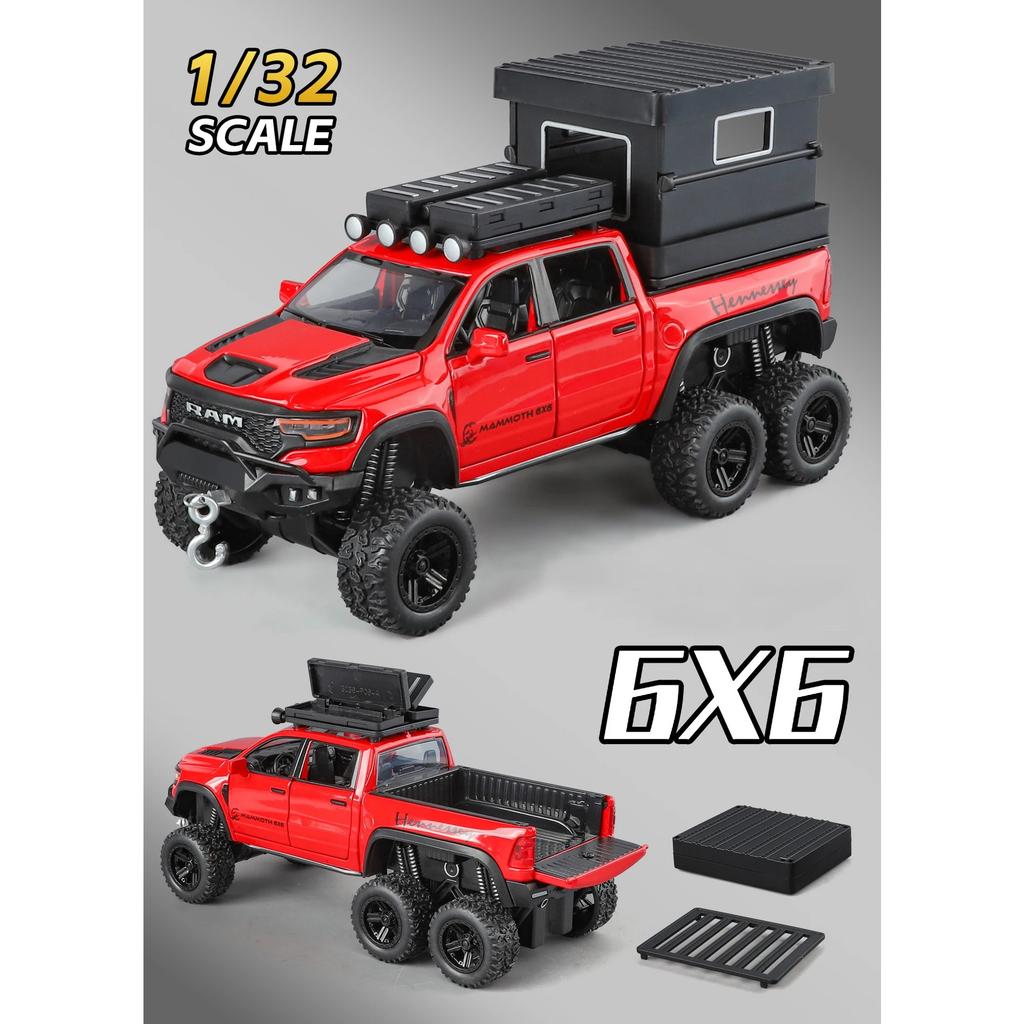 1/32 DODGE Tyrannosaurus RAM Alloy Pickup Camper Van Car Model Diecasts Metal Off-road Vehicles Car Model Sound Light Kids Gifts