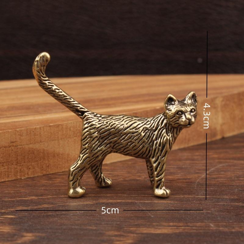 Retro Brass Cat Statue Metal Animal Figurine Cute Long-Tailed Cat Tabletop Ornament Miniature Home Decor Crafts Gift Tea Pet