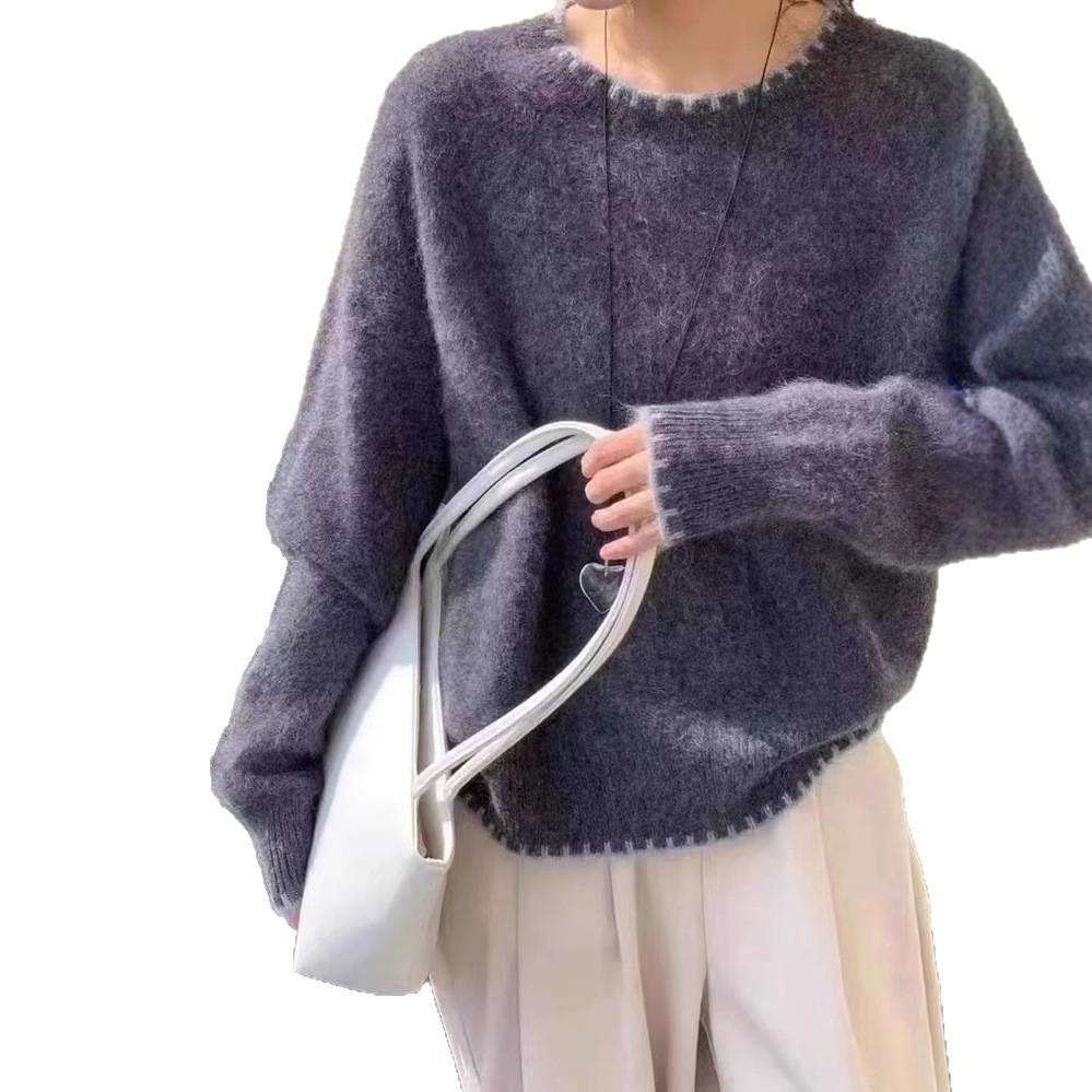 Autumn And Winter New Gray Soft Waxy Sweater Lazy Wind Loose Knitting Base 100% Wool Sweater Women'S Crew Neck