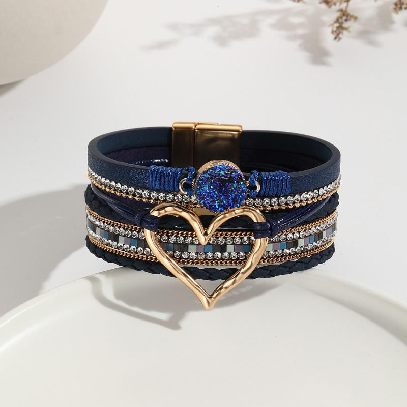 Boho Layered Leather Wrap Bracelet With Natural Stone Heart Charm Women