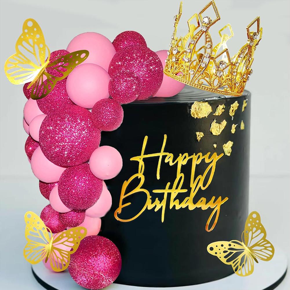 Princess Birthday Cake Decoration Set With Crown Topper Butterfly Cutouts Pink Gold Balls Birthday Cake Accessories For Girls