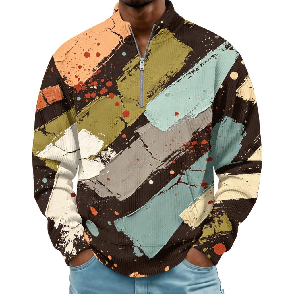 Herren Retro Corduroy Bedruckter Pullover mit langen Ärmeln, Stehkragen und Tasche