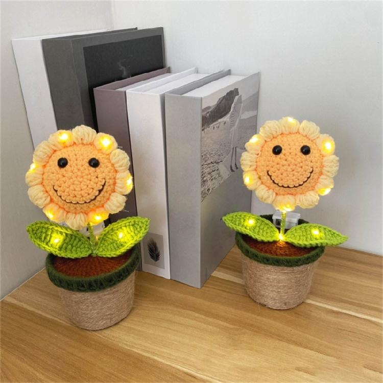 Crocheted Smiling Sunflowers Potted Plant Home Decors Ornament with LED Light for Mother Day Teacher Appreciation Gift