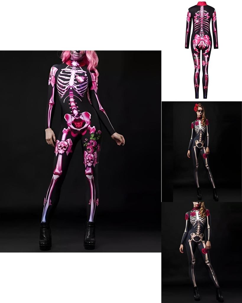 Womens Halloween Skeleton Cosplay Bodysuit Jumpsuit For A Spooky Look