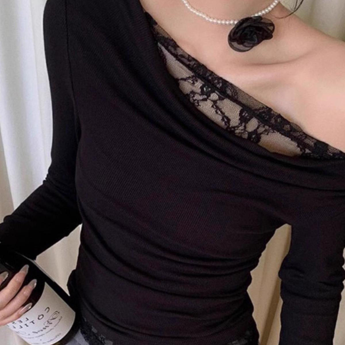 

Кружевной свитер на одно плечо с открытыми плечами, Сладкий и пикантный осенний облегающий короткий топ-свитер базовой вязки с открытыми плечами one size чёрный