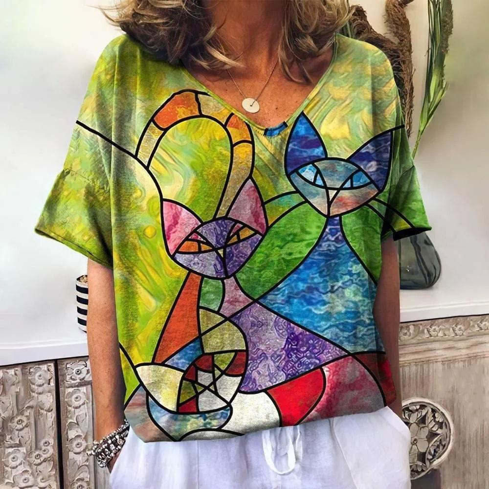 Summer V-neck 3D Cat Printed Top Fashionable Casual Short Sleeved Women's T-shirts