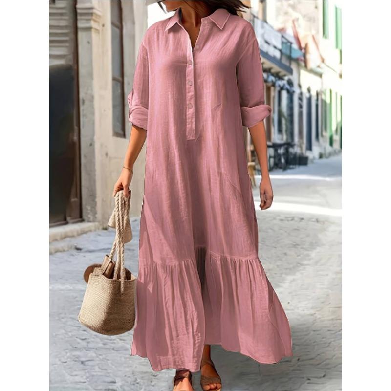 QICED Fashion Spring Autumn Solid Color Print Long Sleeve POLO Neck Casual Dresses
