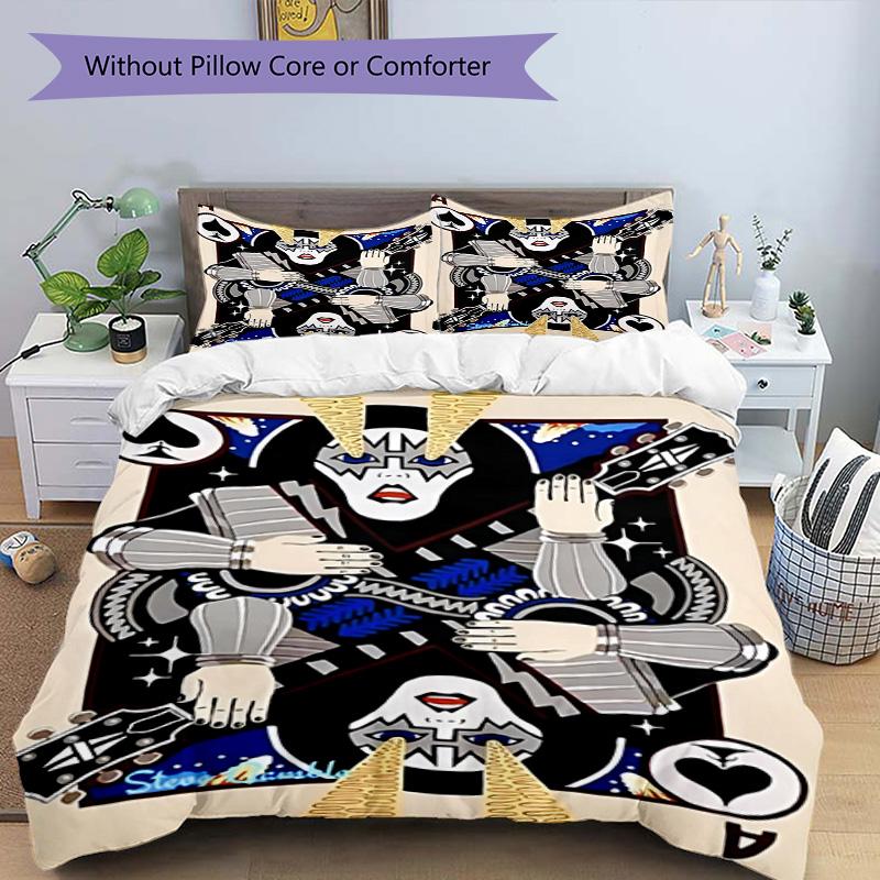 3pcs Duvet Cover Set (1*Duvet Cover + 2*Pillowcase, Without Core), Kiss Rock and Roll Print Bedding Set, Bedroom Decor, All‑Season, Birthday Gift