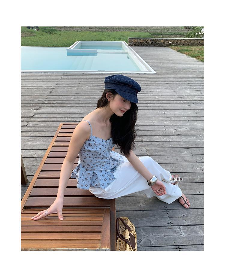 NewOpen 25 Years: Summer French Floral Ruched Spaghetti Strap Tank Top for Women - S5123