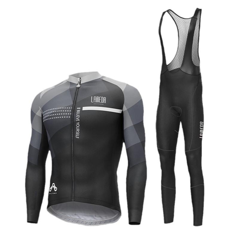 Mens Windproof Fleece Cycling Set Long Sleeve Bib Pants Thermal Jacket Road Bike Riding