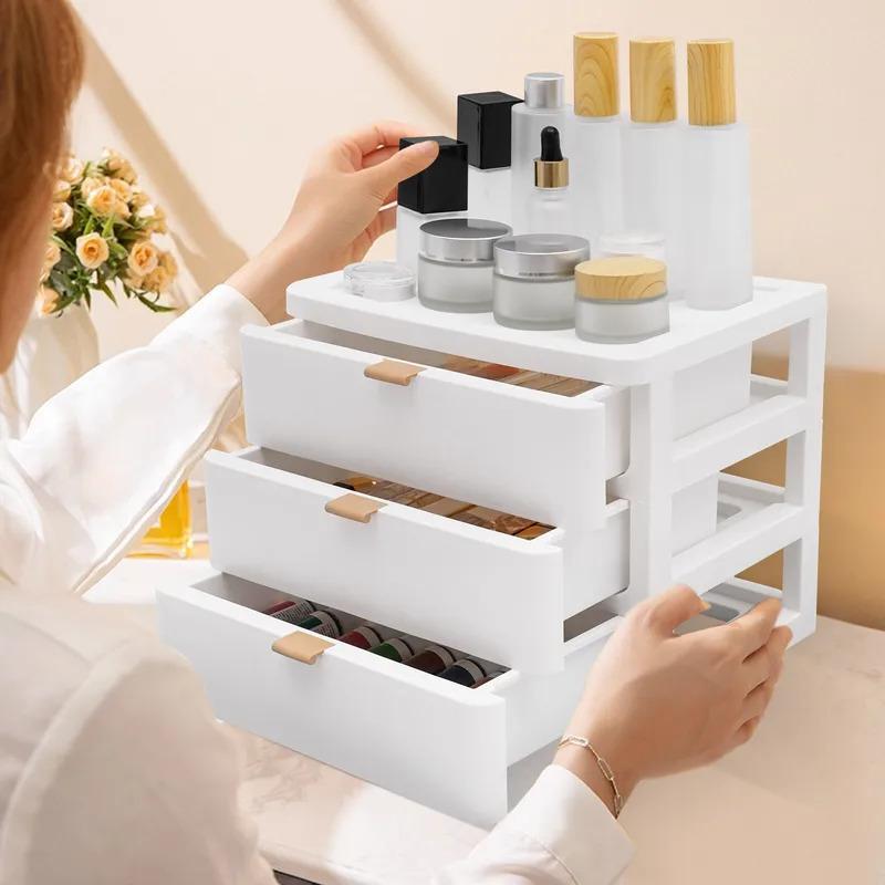 3-Layer White Desktop Storage Organizer with Drawers and Top Platform Durable PP Material Space-Saving Desk Organizer