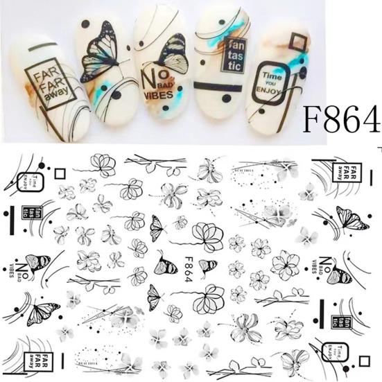Autocolant pentru unghii cu flori Diverse modele Autocolant pentru transfer de unghii cu fluture, alb, negru, pentru vară