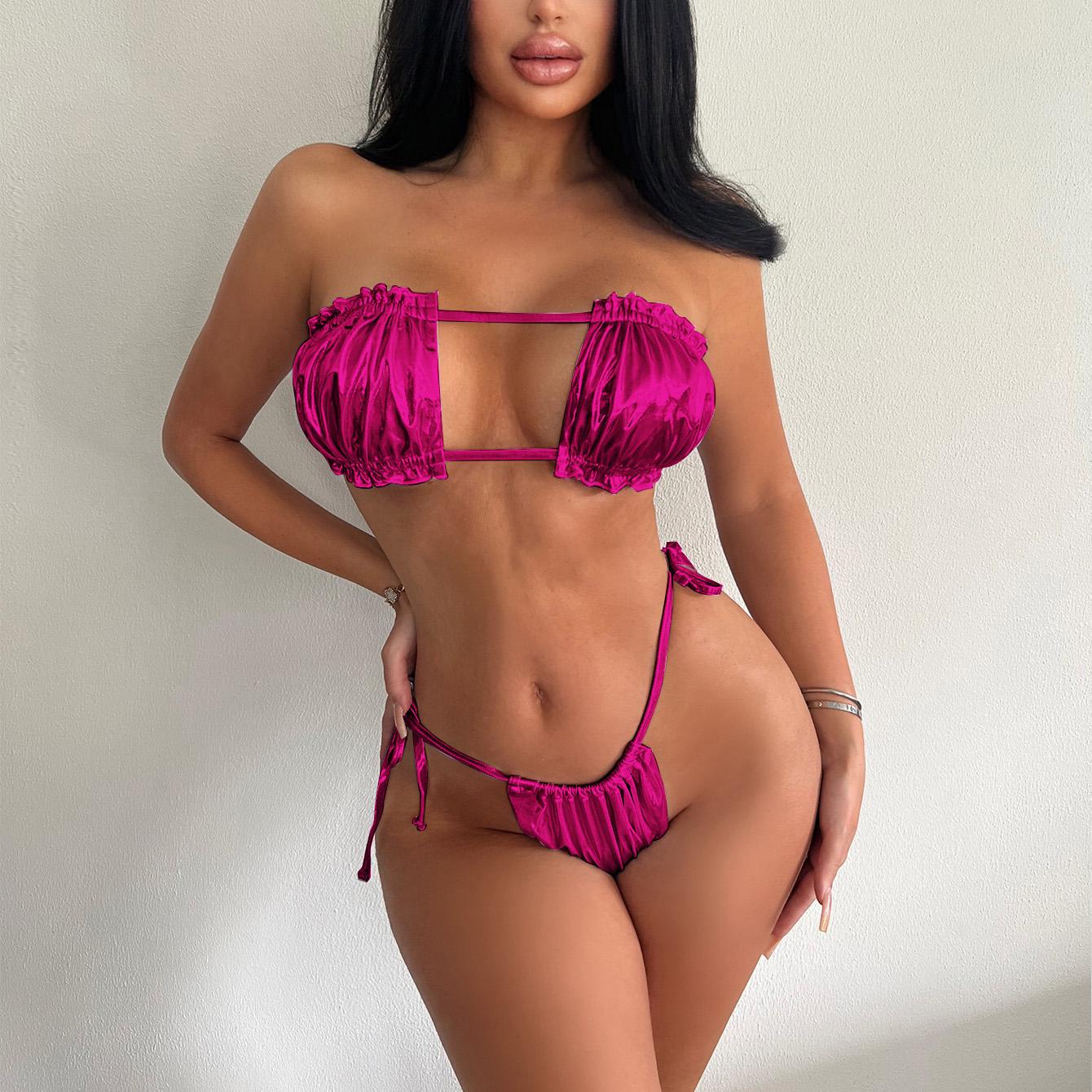 

Женский сексуальный глянцевый треугольный раздельный бикини-костюм, летний купальник-стринги с завязками по бокам, эластичный бикини на бретельках M розы красного