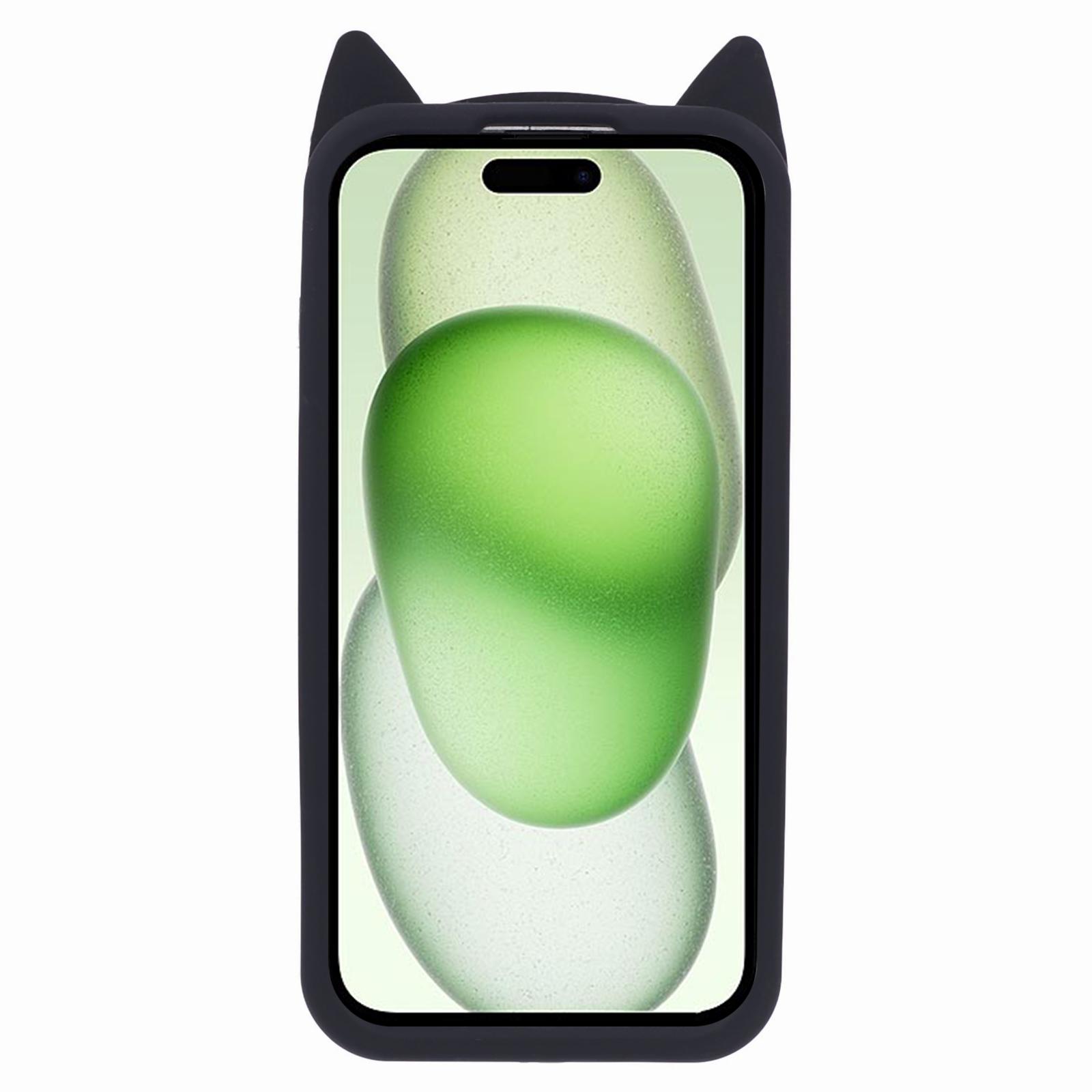 

For iPhone 15 Case 3D Moustache Cat Soft Silicone Shockproof Phone Back Cover Black