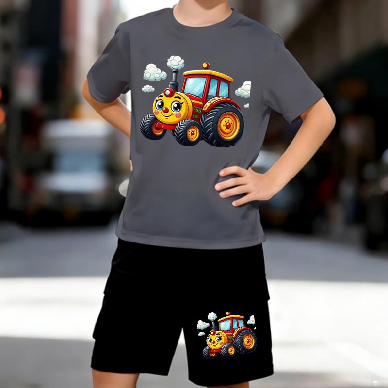 Boys 2 Piece Cartoon Tractor Printed Outfit, Short Sleeve T-Shirt and Shorts Set for Kids Age 5-14, Black and White Sporty Casual Summer Clothes