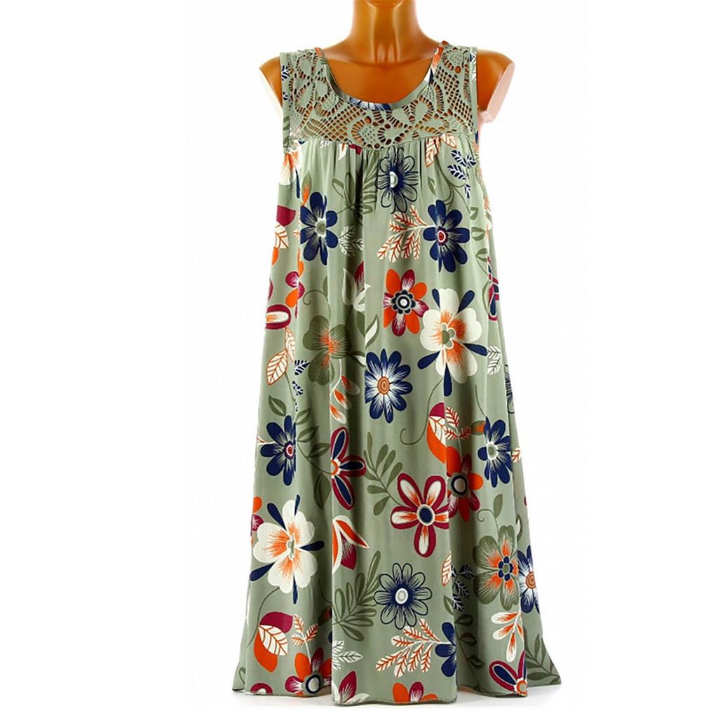 Women's Fashion Casual Vest Sleeveless Lace Print Tank Pleated Swing Dress