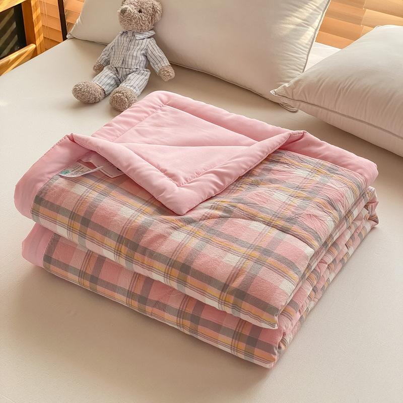 Japanese Plaid Printed Summer Thin Quilt Simple Breathable Air Conditioning Blanket for Office Soft Home Decoration for Bedroom