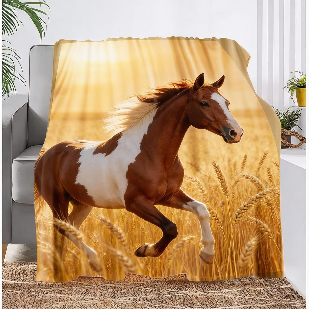 1pc Contemporary Horse Print Flannel Fleece Blanket, 100% Polyester, All Seasons, Tear Resistant, Digital Print, Animal Theme, K