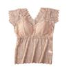 Women Lace Top Mesh Sheer Short Sleeve V Neck Undershirt with Padded Bra Floral