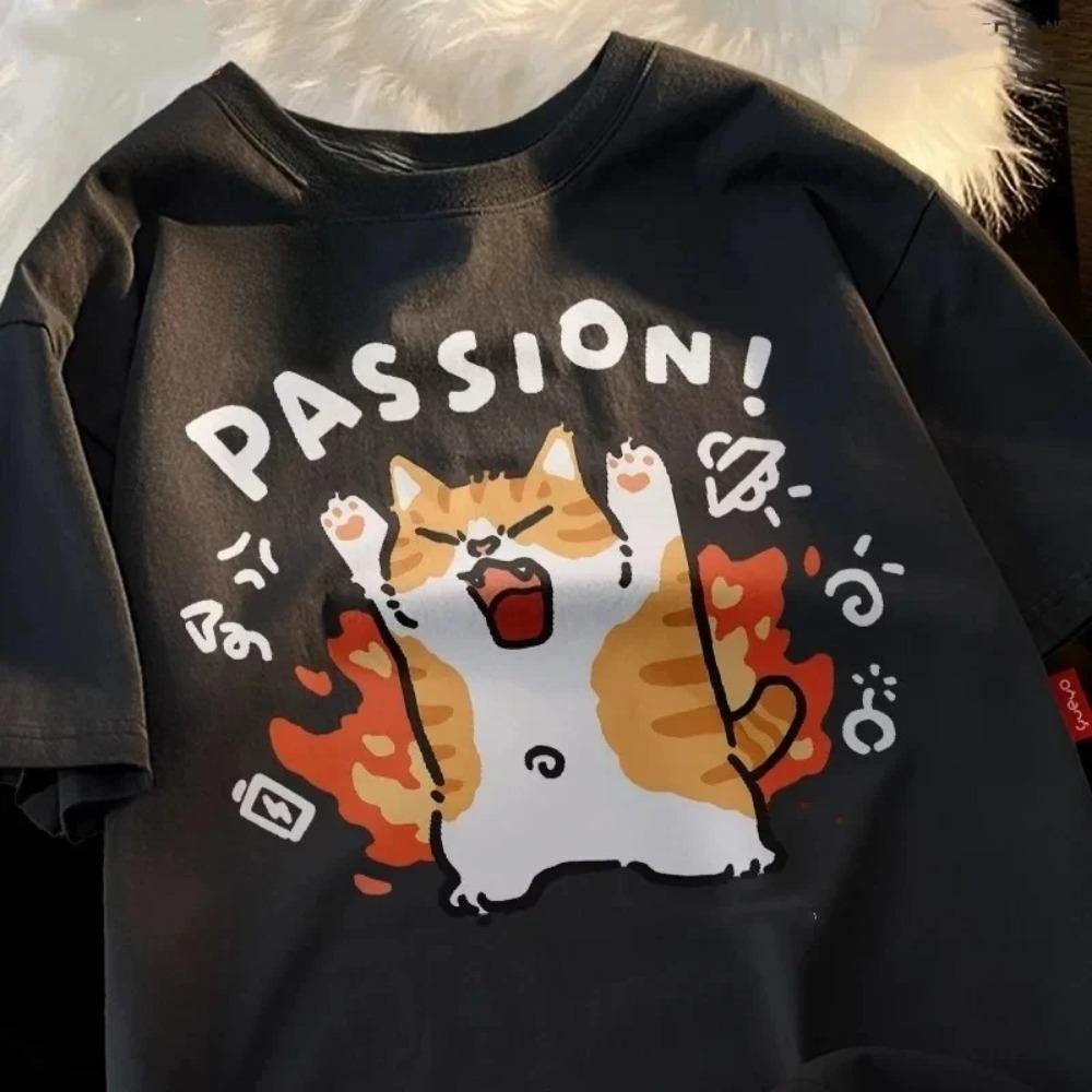 

Japanese Fashion Couple Passion Cat Tee Top Women s T-shirt Clothing Street Tops Tees Aesthetic Clothes Casual M