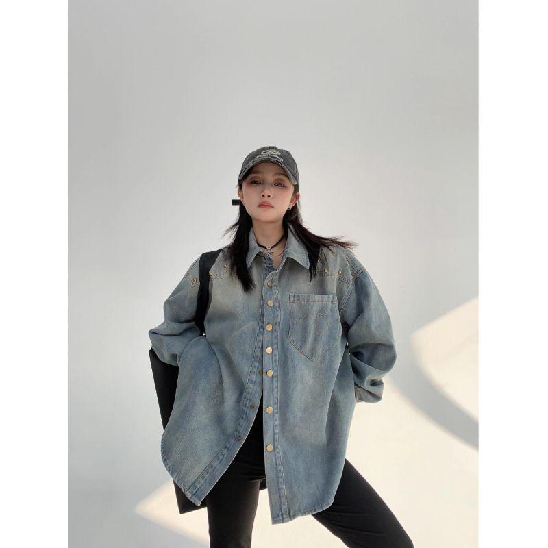 Autumn New American Niche Old Rivet Denim Long-sleeved Shirt Women's Loose Couple Short Jacket Trendy