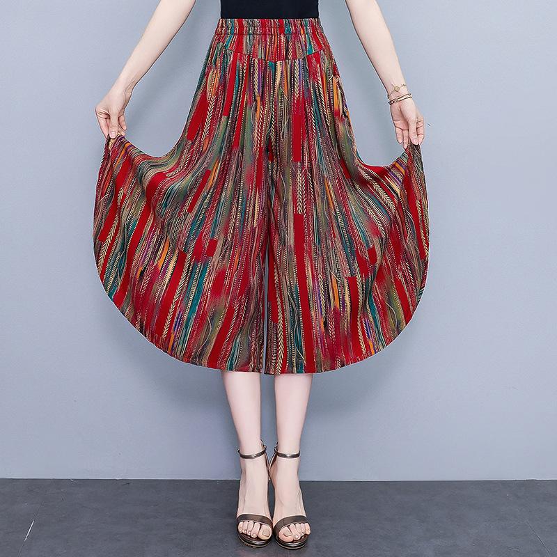 Women's Floral Cotton Silk Wide-Leg Skirt Pants - Summer Casual Elastic Waist, Plus Size, Lightweight Seven-Point Length.