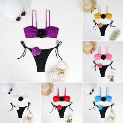 2Pcs/Set Women Bikini Set Sling Flower Decor Bra Lace-Up Briefs Set Three-Dimensional Flowers