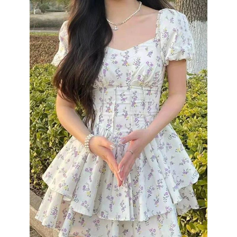 Preppy Style Dresses for Women Lovely Girls Fashion Floral Design Mini Sweet Chic Korean Young Summer Clothing All-match Casual
