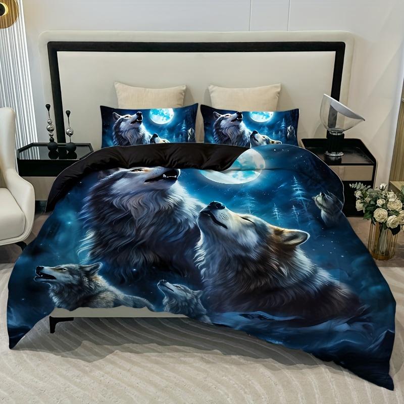 3pcs Wolf Roaring Moon Duvet Set  Soft Fabric 100%polyester 1Duvet Cover 2 Pillowcases  Without Pillow Core