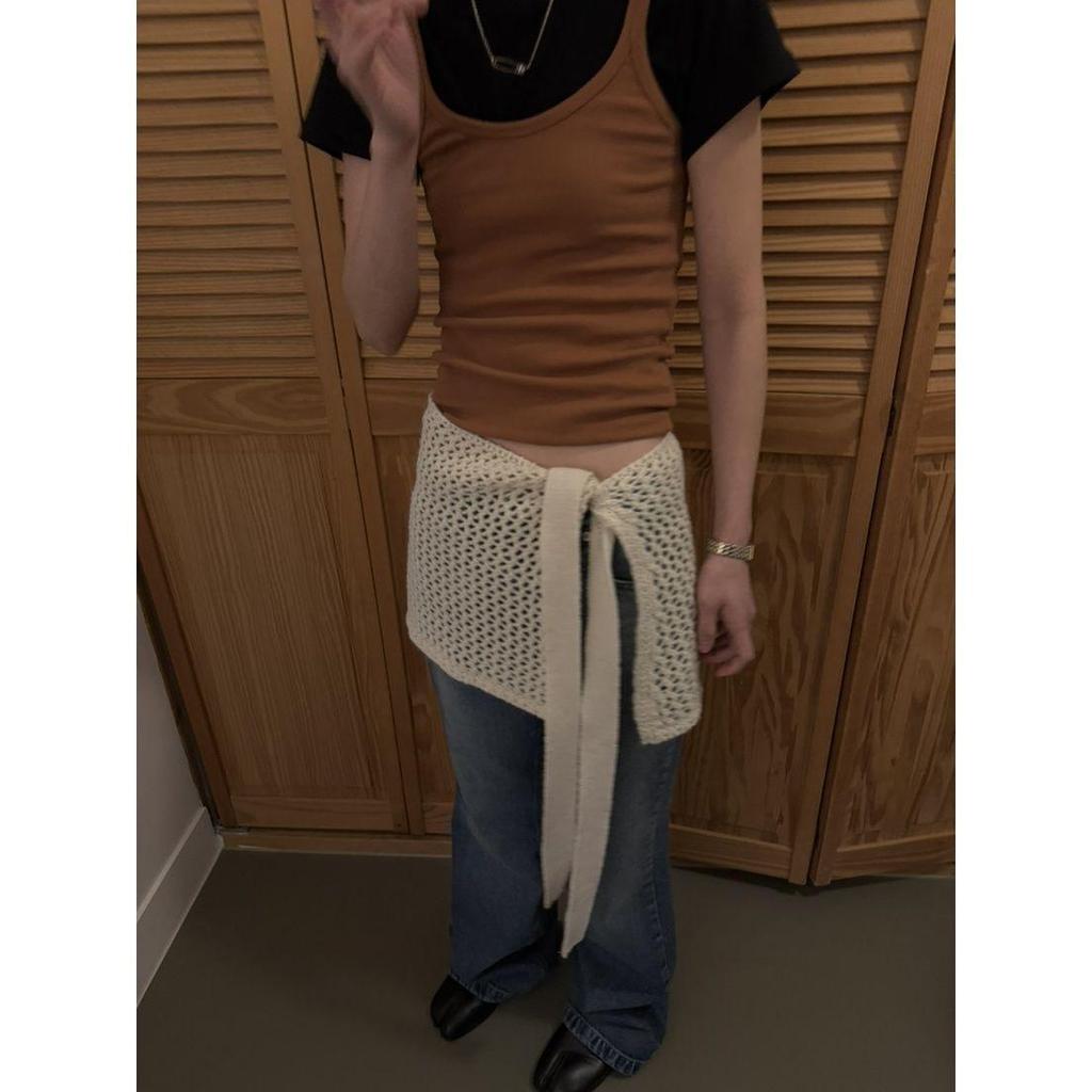 Women's 2025 Summer Black Lace-up Knit Mini Skirt with Hollow-out Design