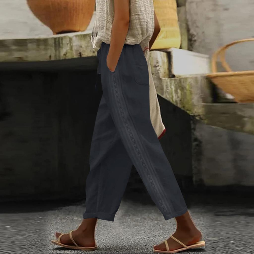 Women's Fashion Baggy Pants With Pocket Slim Breathable Lace Edge Solid Color Retro Casual Pants