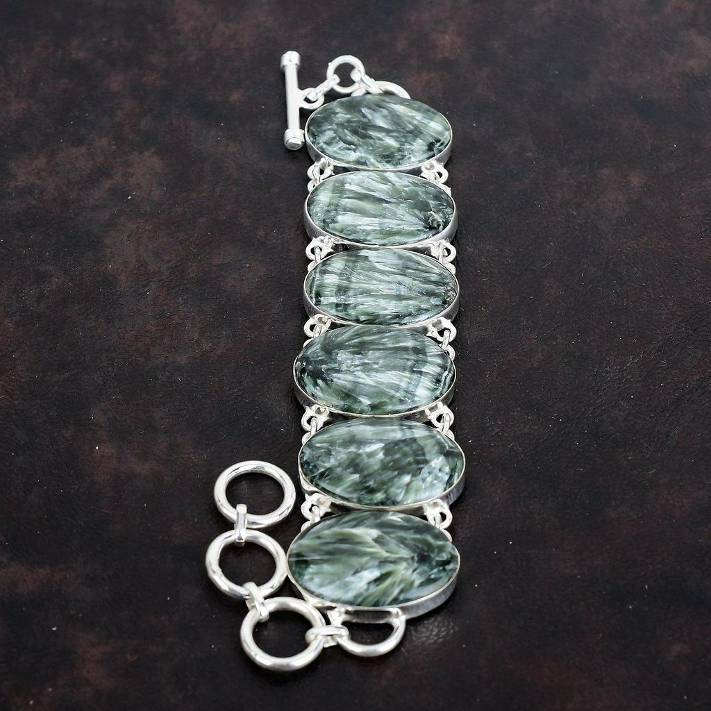 Seraphinite Gemstone Bracelet 925 Sterling Silver Bracelet Adjustable Chain Bracelet Amazing Silver Jewelry Handmade Bracelet Gifts for Wife