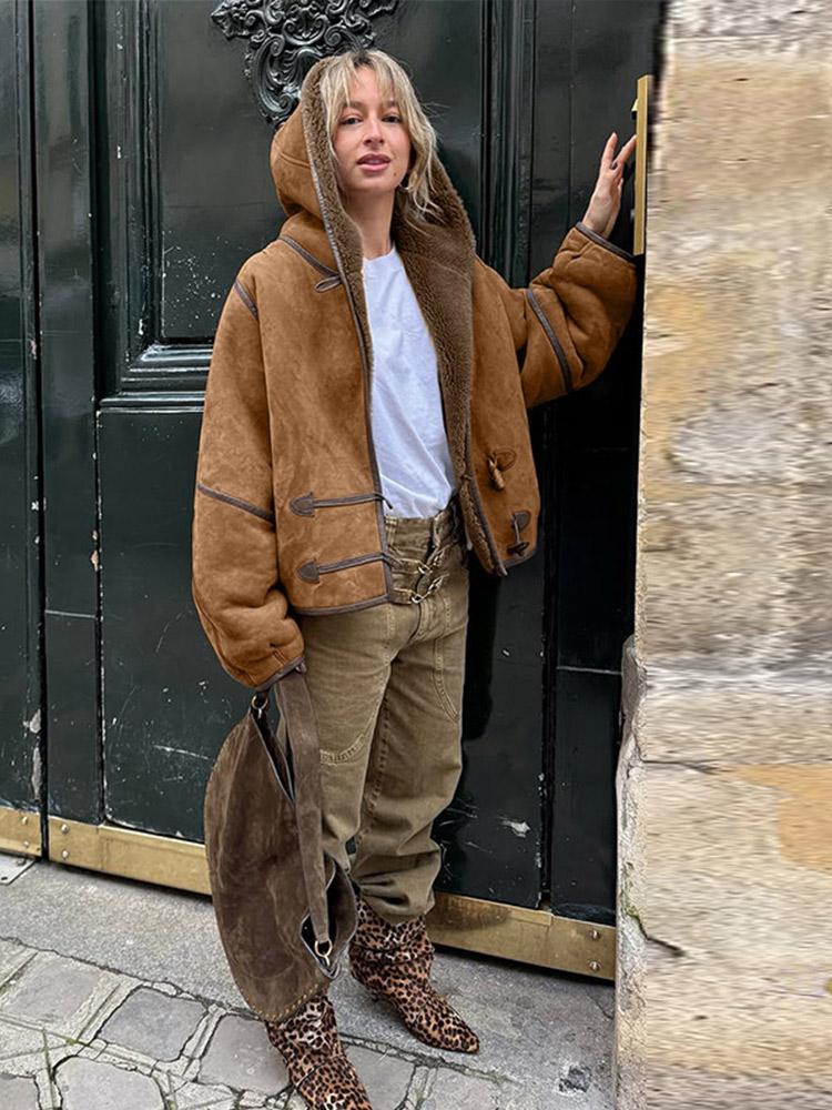 Women's Double-sided Winter Jacket Hooded Cow Horn Buttoned Cotton Jacket Suede Lamb Wool Warm Jacket Fashionable Style Autumn and Winter