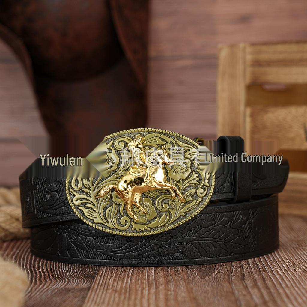 Cross Retro Green Leaf & Flower Embossed Leather Belt with Bronze Bull Head