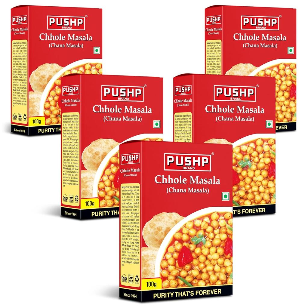 Pushp Brand Chana Masala 100g X Pack of 5 Authentic Blend For Delicious Chickpea Curries Natural Indian Spices For Home Cooking