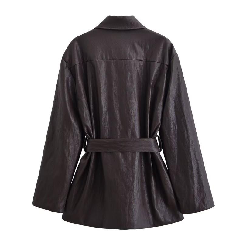 Womens Faux Leather Long Jacket With Belt Fall Streetwear Outerwear