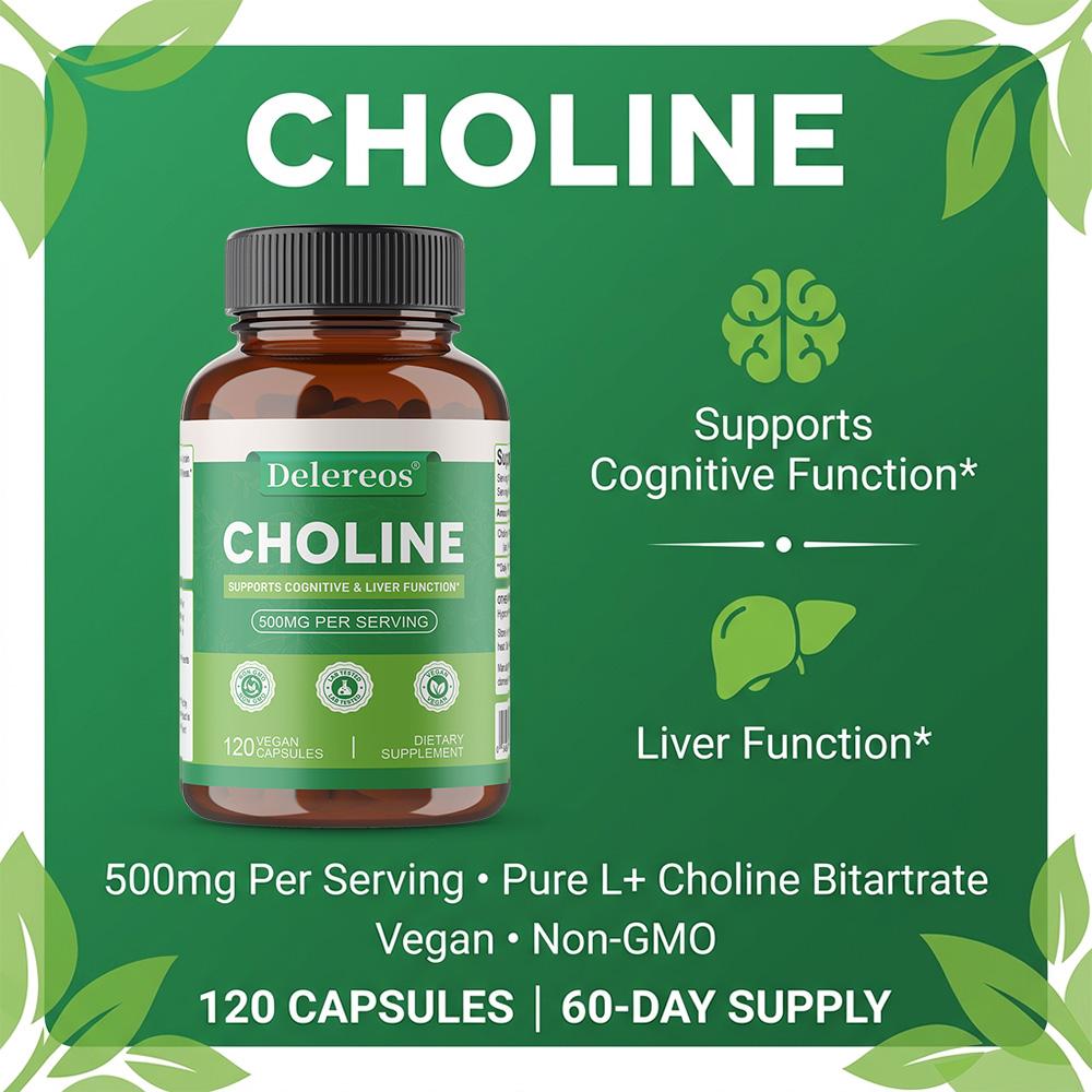 Choline (Comme L+Bitartrate de Choline) Complément alimentaire de 500 mg, 120 gélules par flacon