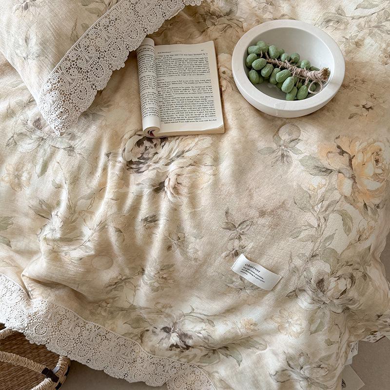 Summer Retro Cotton Linen Lace Design Thin Quilt - Machine Washable Air Conditioning Blanket