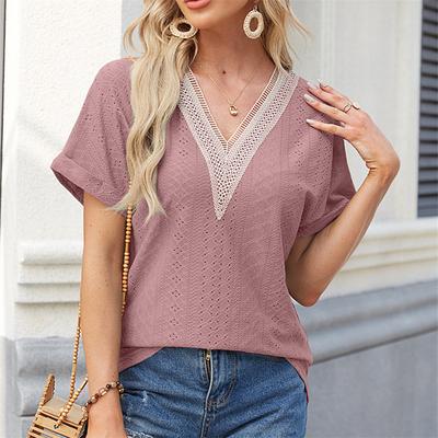 Blusa feminina primavera verão cor sólida com decote em v mangas dobradas senhoras topo