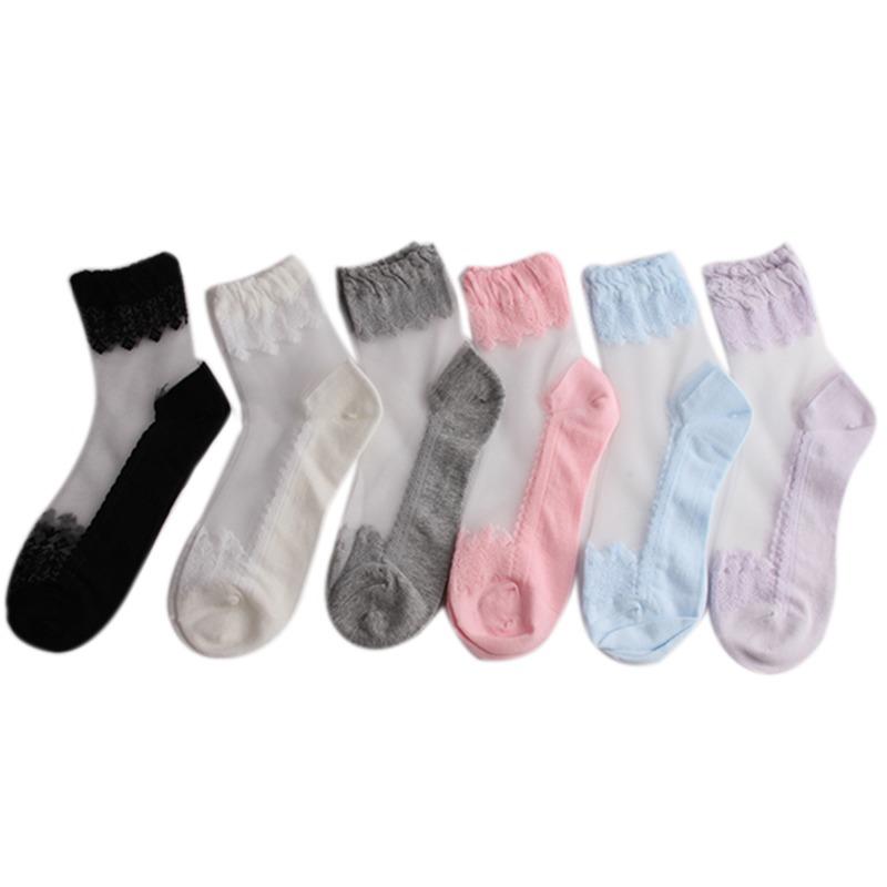 Women Sheer Crystal Lace Socks Transparent Ankle Socks with Ruffle Trim Stackable Fashion Footwear for Daily Wear