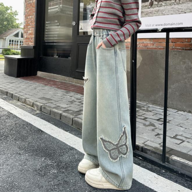 Girls' Jeans Butterfly Patch Denim Wide Leg Pants Children's Straight Leg Pants
